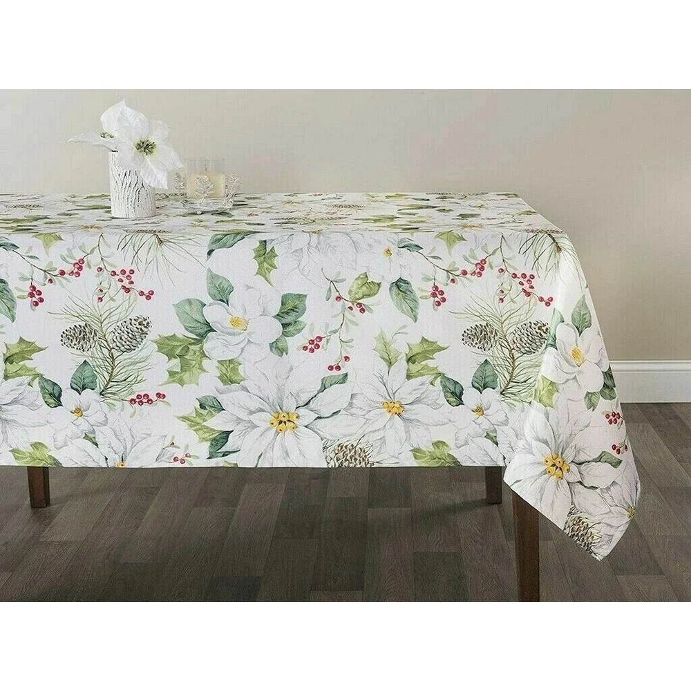 Christmas Winter White Poinsettia Fabric Tablecloth 60 RD Textured Jacquard
